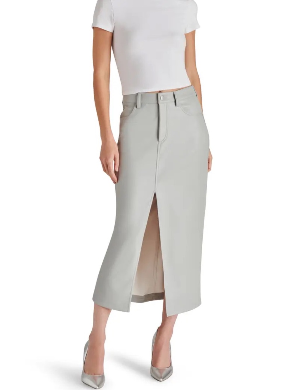 Steve Madden Svani faux leather High-Waist Front-Slit midi Skirt in Light Gray